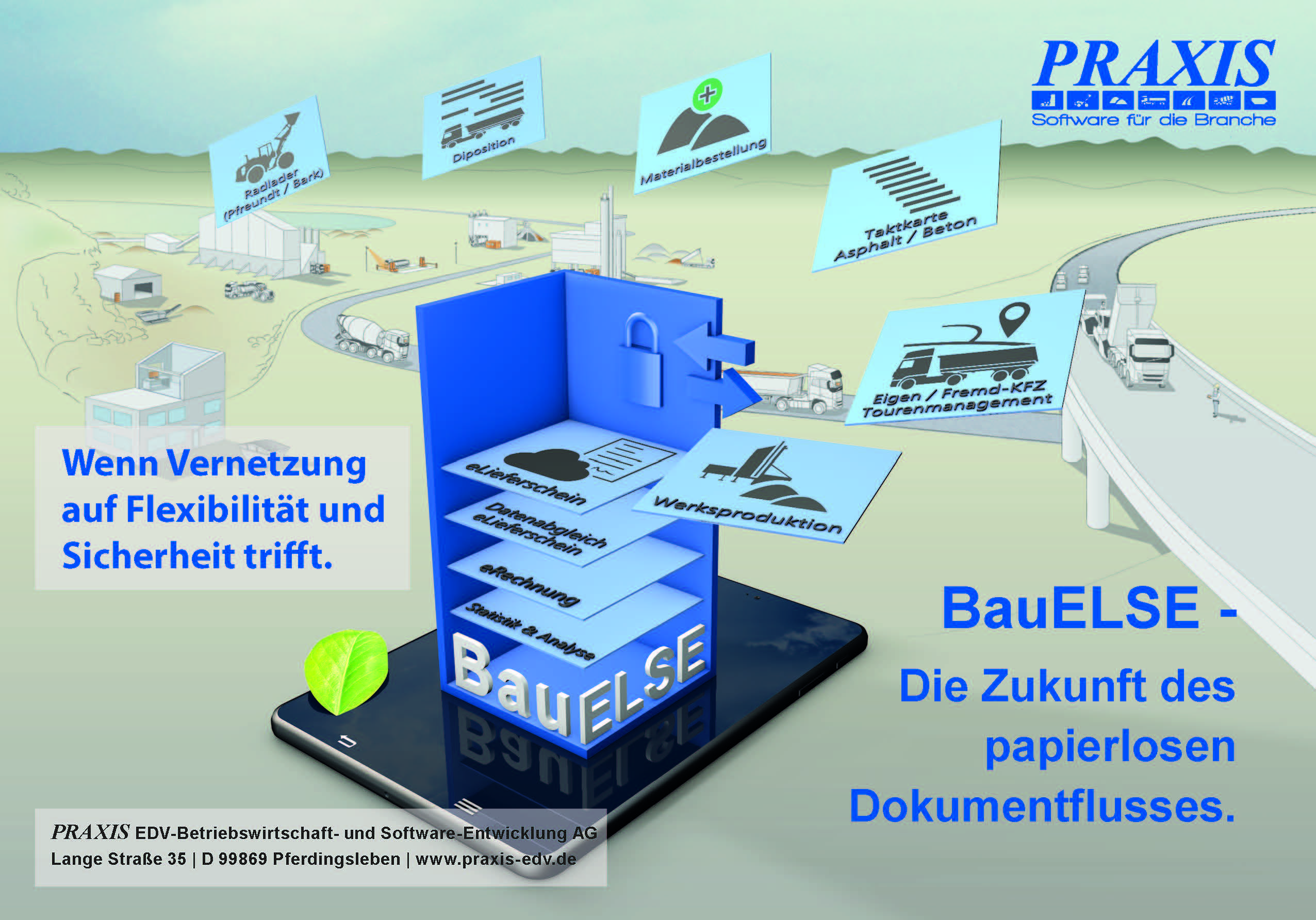 Mit Let‘s Connect wird der Belegfluss komplett papierlos, d.h. kein Papierlieferschein, keine Durchschläge an der Waage und im Radlader mehr, sondern ein 100% digitalisiertes Belegwesen nach Ihren Standards.
